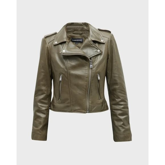 LAMARQUE Donna 21 Jacket In Vetiver Leather Biker Moto Jacket Casual sz S - Picture 10 of 16